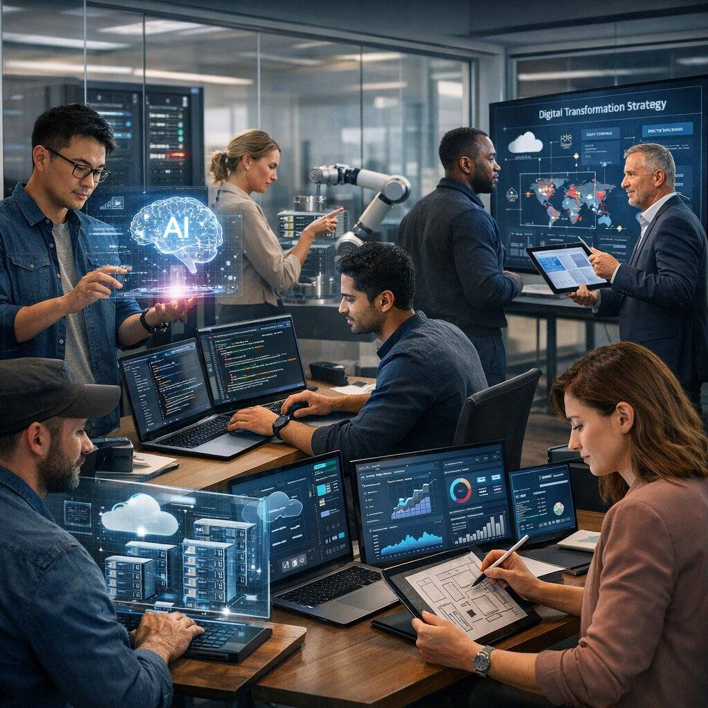 Trex Labs technology services team collaborating in a modern office. Includes AI engineers, automation specialists, software developers, cybersecurity experts, cloud & DevOps engineers, UI/UX designers, digital marketing analysts, and IT consultants working with laptops, tablets, holographic interfaces, and server racks. Showcases innovation, teamwork, and full-spectrum tech solutions